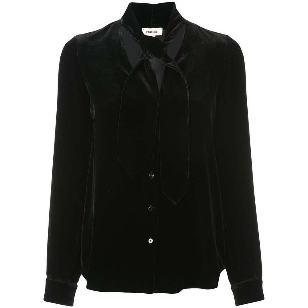 L'AGENCE Gisele Black Velvet Tie-Neck Blouse Long Sleeve Button Down Top 1210CCF - Picture 3 of 8